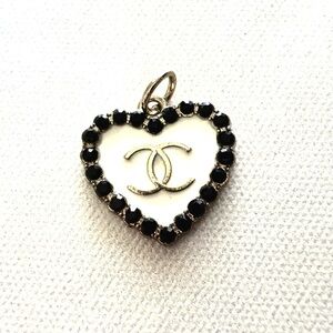 CHANEL White Enamel Heart charm, pendant, Black Crystal rim, double CC Gold Logo
